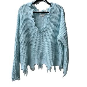 Miracle USA M/L Distressed Chunky Knit V-Neck Sweater Baby Blue Cotton Blend